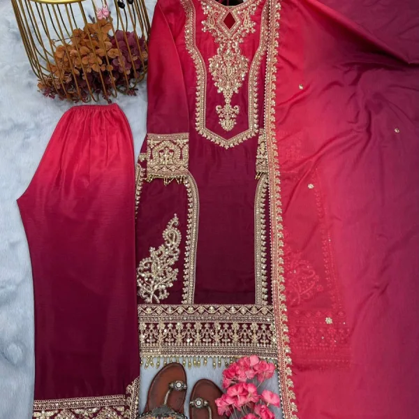 Pink Ombre Pattern Chinon Straight Suit for Women