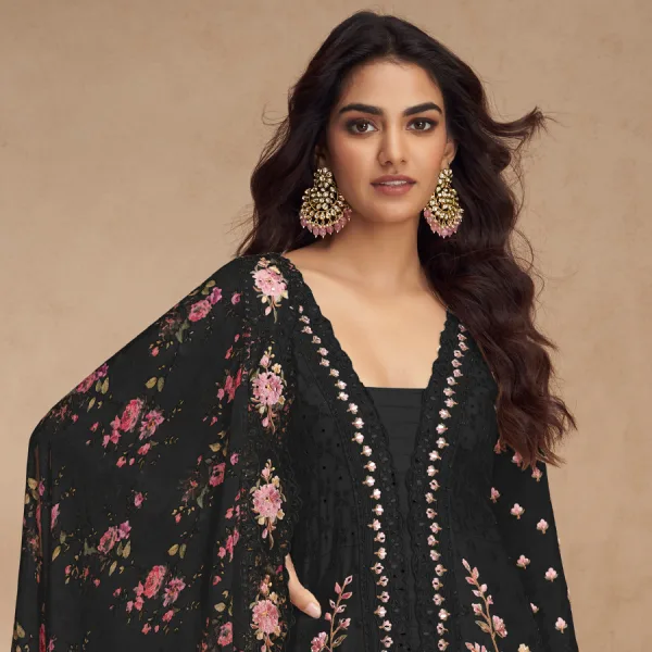 Black Chinon Pakistani Straight Suit for Women Summer Wear