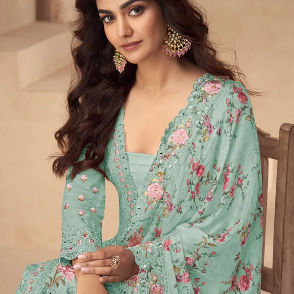 Baby Blue Chinon Pakistani Straight Suit for Women Summer