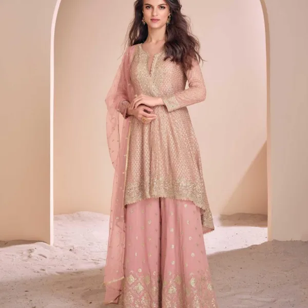 Peach Heavy Embroidered Georgette Peplum Suit for Women