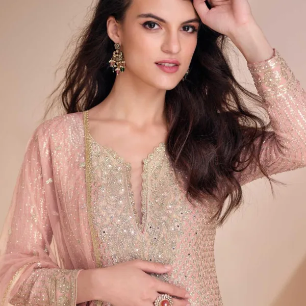 Peach Heavy Embroidered Georgette Peplum Suit for Women