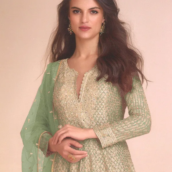 Pista Green Heavy Embroidered Georgette Peplum Suit