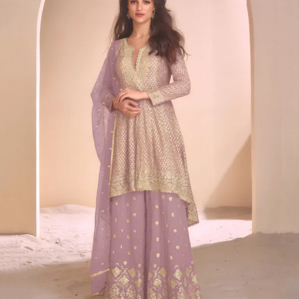 Pink Heavy Embroidered Georgette Peplum Suit for Women