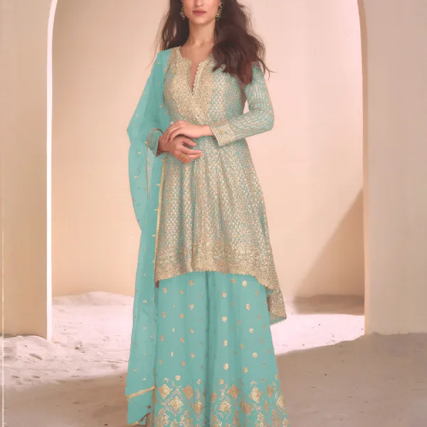 Baby Blue Heavy Embroidered Georgette Peplum Suit for Women