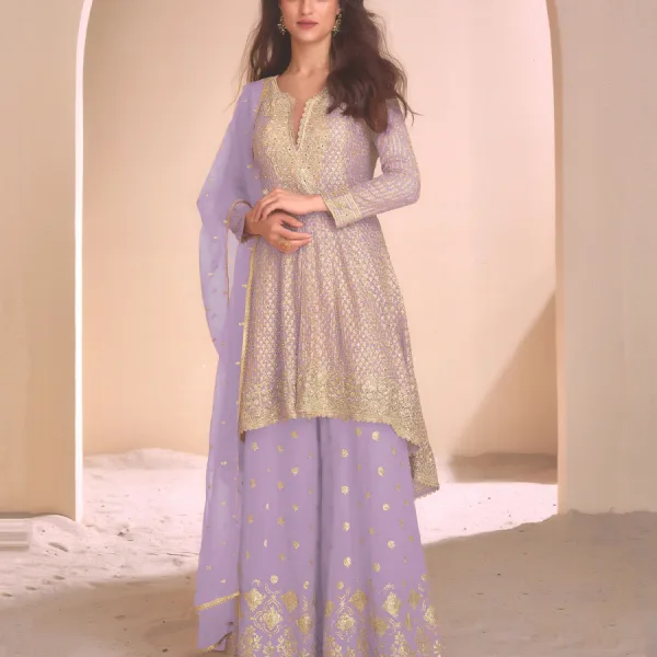 Lilac Heavy Embroidered Georgette Peplum Suit for Women