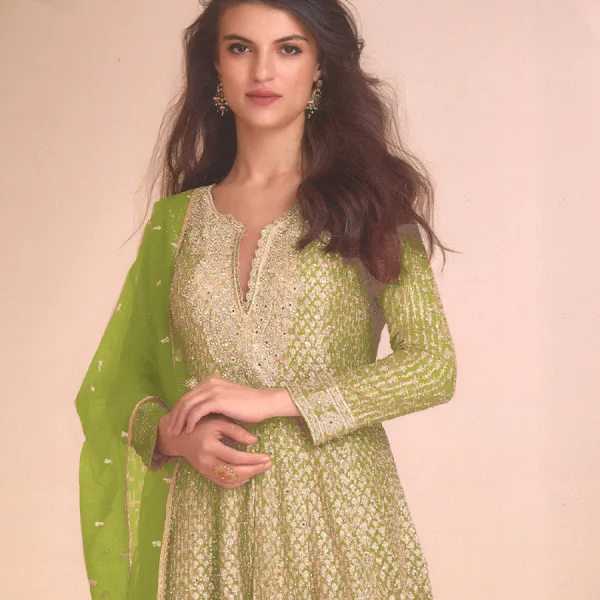 Green Designer Heavy Embroidered Georgette Peplum Suit