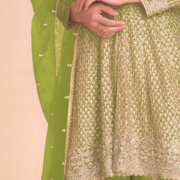Green Designer Heavy Embroidered Georgette Peplum Suit