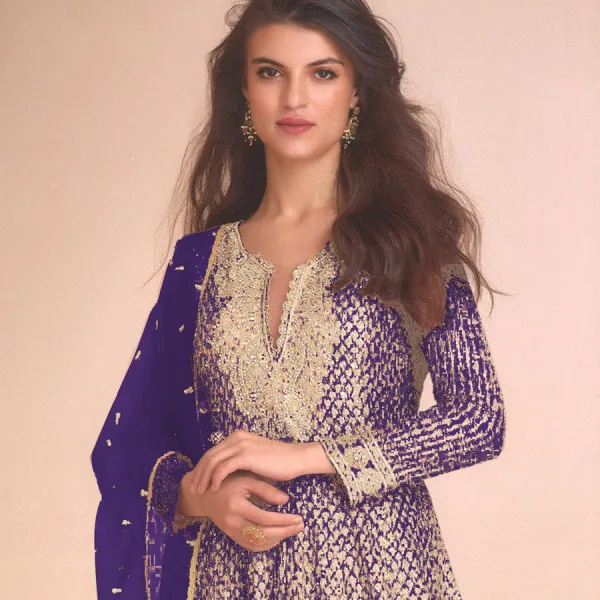 Blue Heavy Embroidered Georgette Peplum Suit for Women