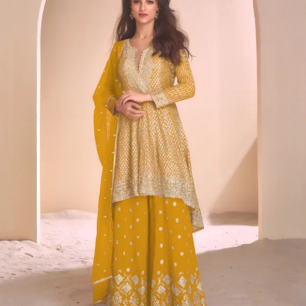 Yellow Heavy Embroidered Georgette Peplum Suit for Women