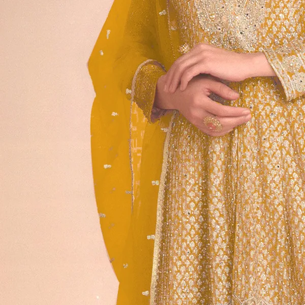 Yellow Heavy Embroidered Georgette Peplum Suit for Women