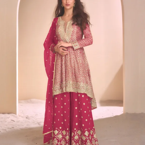 Rani Pink Heavy Embroidered Georgette Peplum Suit for Women