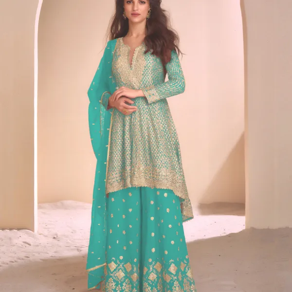 Sky Blue Heavy Embroidered Georgette Peplum Suit for Women
