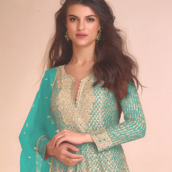 Sky Blue Heavy Embroidered Georgette Peplum Suit for Women