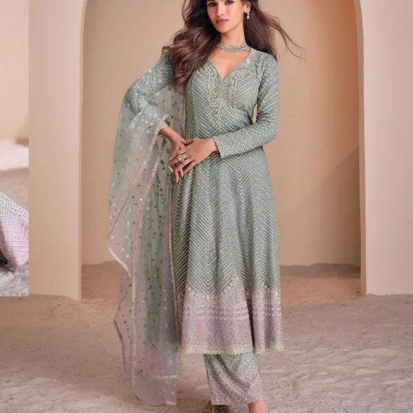 Green Heavy Embroidered Georgette Peplum Suit for Women