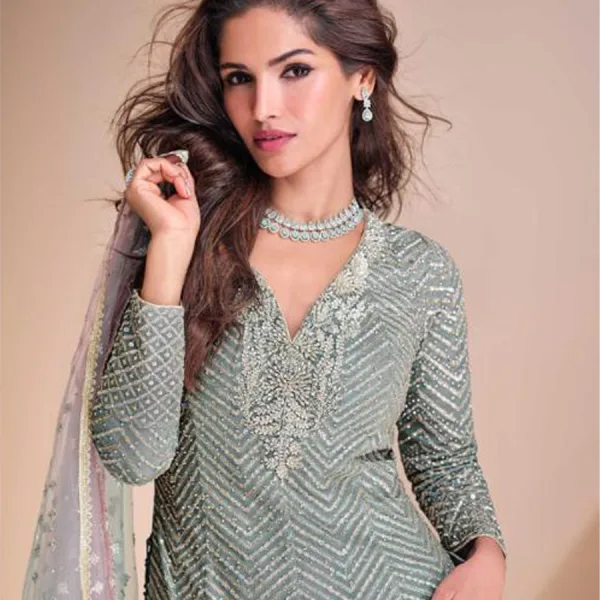 Green Heavy Embroidered Georgette Peplum Suit for Women