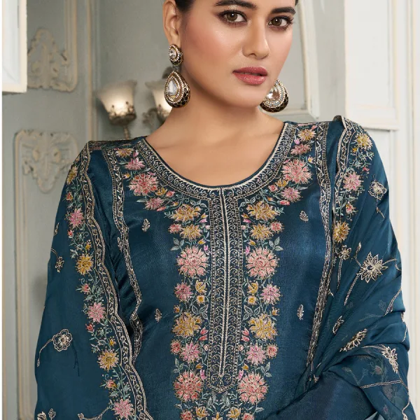Blue Munga Silk Straight Suit for Women Elegant Look