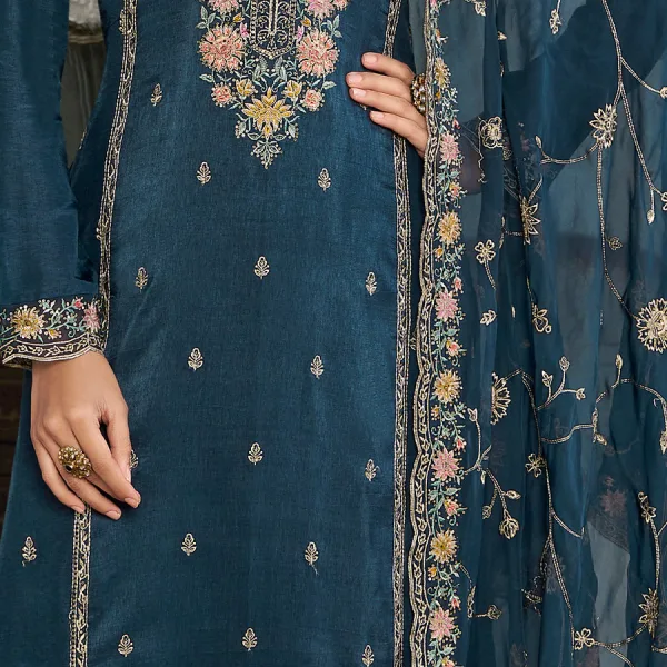Blue Munga Silk Straight Suit for Women Elegant Look