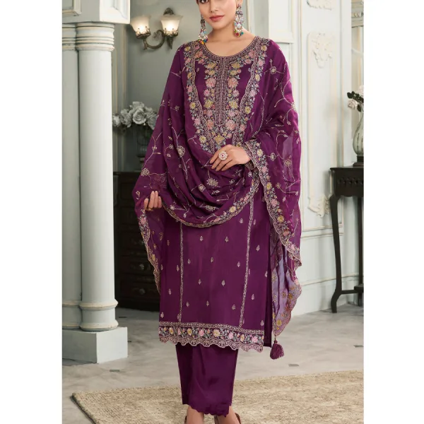 Magenta Munga Silk Straight Suit for Women Festive Wear