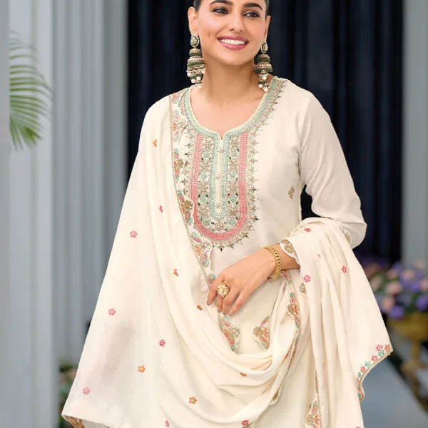 White Heavy Chinon Embroidered Palazzo Suit for Women