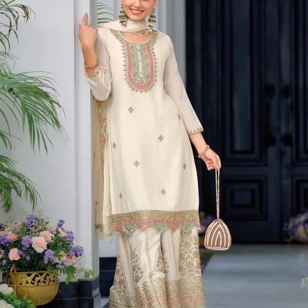 White Heavy Chinon Embroidered Palazzo Suit for Women