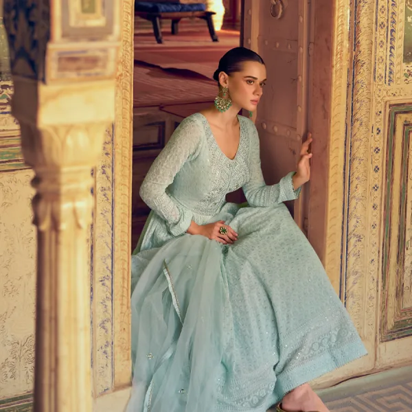 Sky Blue Georgette Chikankari Embroidery Anarkali Suit