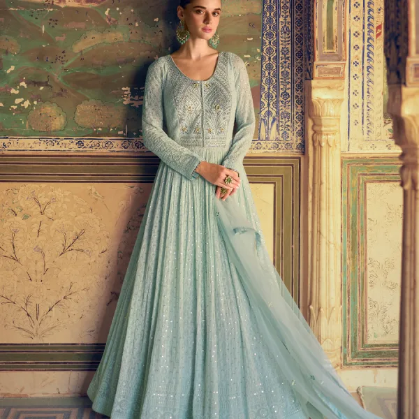 Sky Blue Georgette Chikankari Embroidery Anarkali Suit