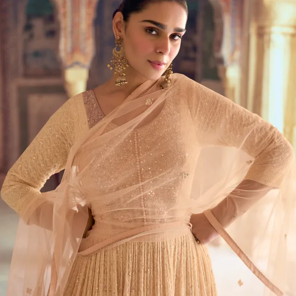 Beige Georgette Chikankari Embroidery Anarkali for Women