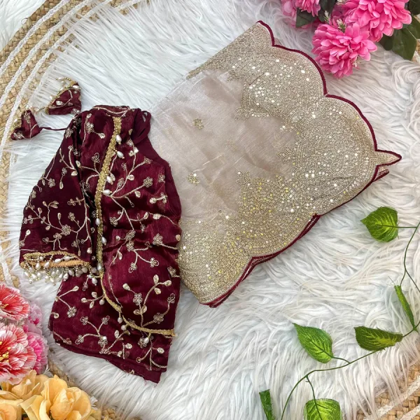 Beige Designer Chiffon Saree with Maroon Embroidered Blouse