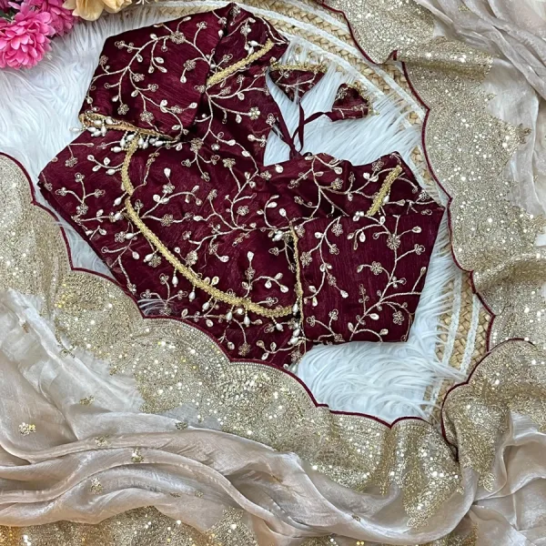 Beige Designer Chiffon Saree with Maroon Embroidered Blouse