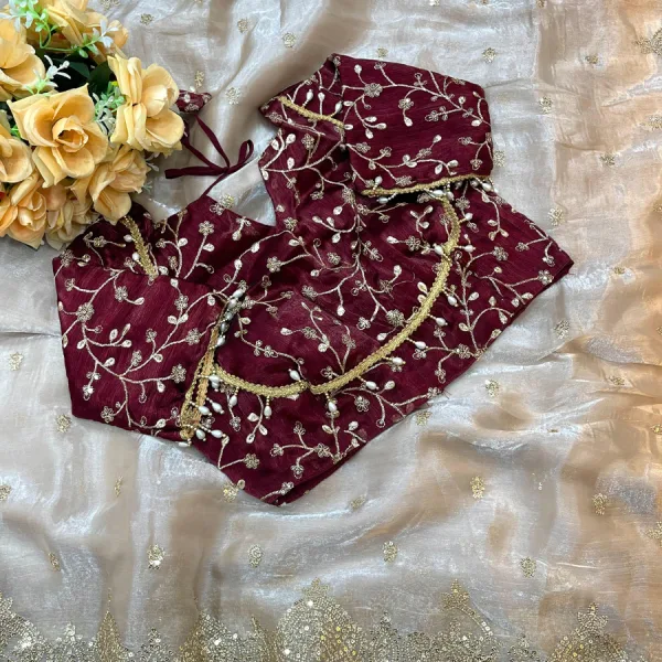 Beige Designer Chiffon Saree with Maroon Embroidered Blouse