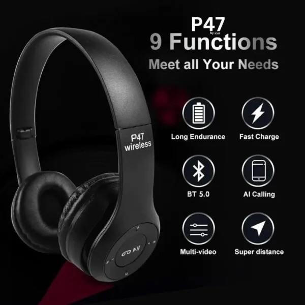 P47 Wireless Bluetooth Headphones | Deep Bass | Foldable Design | Built-in Mic | All-Day Comfort & Noise Isolation