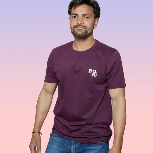 Rori Men’s Cherry Brown Pure Cotton T-Shirt | Logo Printed Round Neck | Regular Fit Half Sleeve Tee | Made in India | Stylish Casual Wear