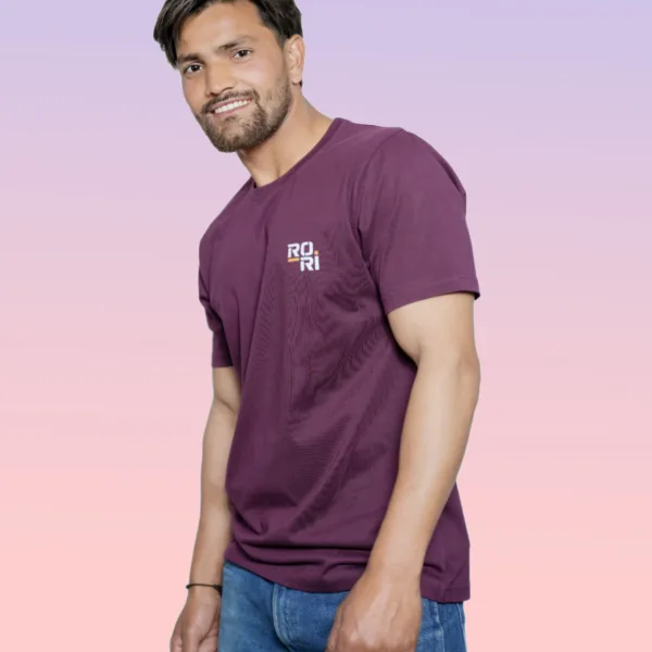 Rori Men’s Cherry Brown Pure Cotton T-Shirt | Logo Printed Round Neck | Regular Fit Half Sleeve Tee | Made in India | Stylish Casual Wear