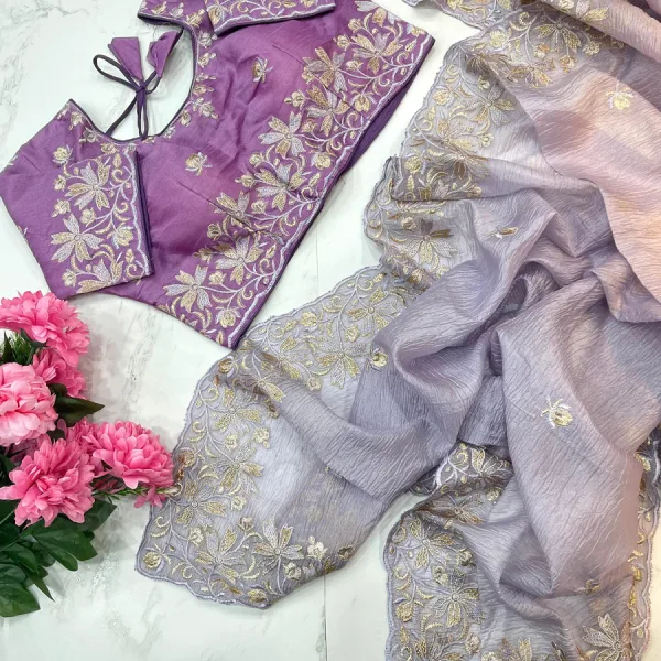 Lilac Candy Crush Silk Embroidery Saree with Designer Look