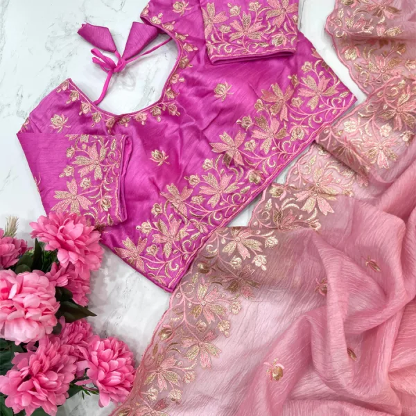 Pink Candy Crush Silk Embroidery Saree with Premium Finish
