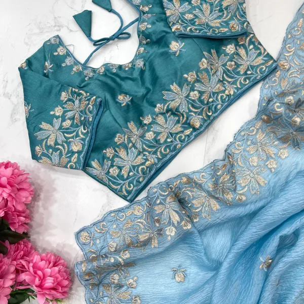 Sky Blue Candy Crush Silk Embroidery Saree with Rich Look