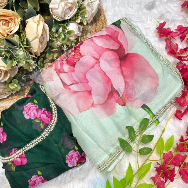 Pure Tabby Silk Green Floral Printed Saree with Elegant Hand Work