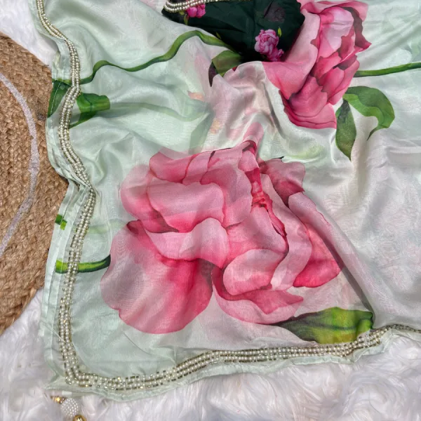 Pure Tabby Silk Green Floral Printed Saree with Elegant Hand Work