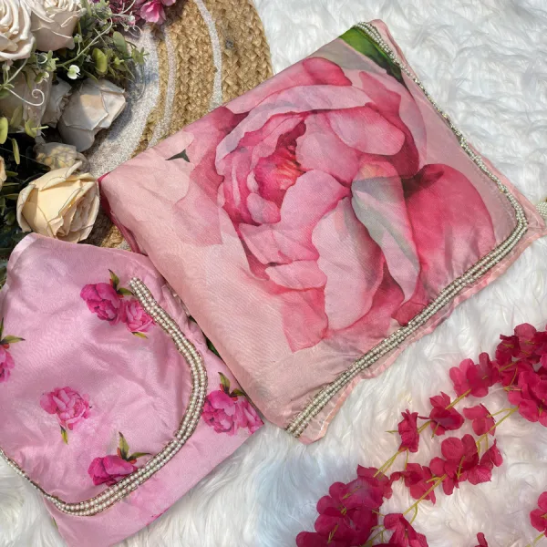 Pink Tabby Silk Floral Printed Saree with Hand Work