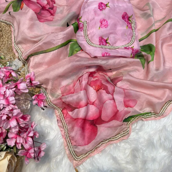 Pink Tabby Silk Floral Printed Saree with Hand Work