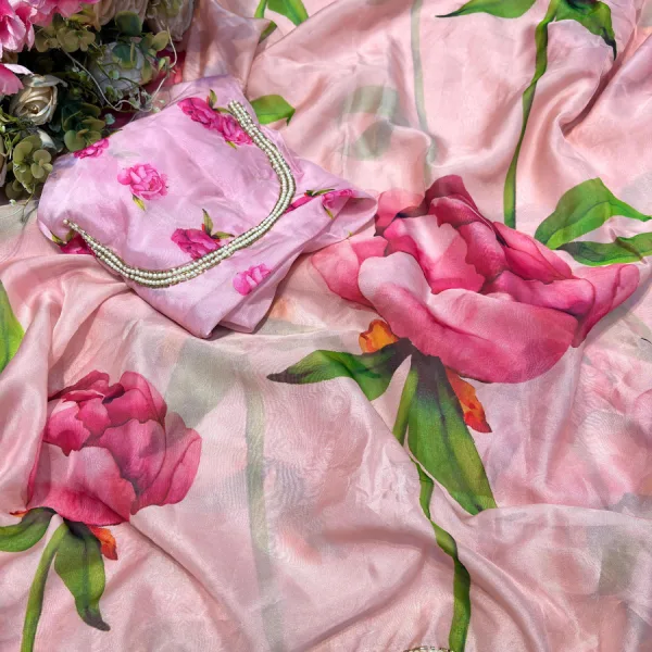 Pink Tabby Silk Floral Printed Saree with Hand Work