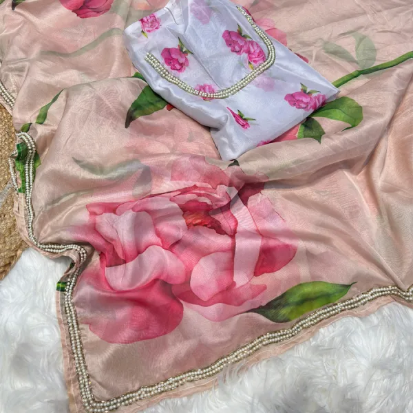 Peach Tabby Silk Floral Printed Saree with Hand Work