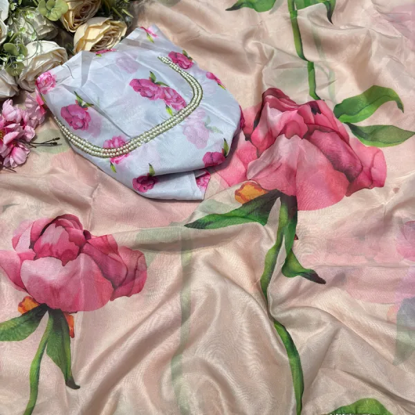 Peach Tabby Silk Floral Printed Saree with Hand Work
