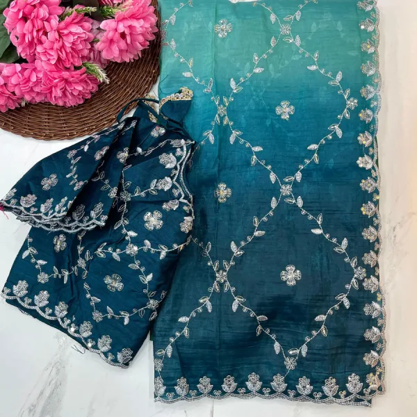 Blue Ombre Crush Silk Saree for Women Festival Wear