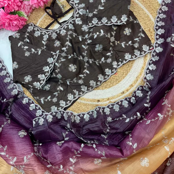 Brown Ombre Crush Silk Saree for Women Festival Wear