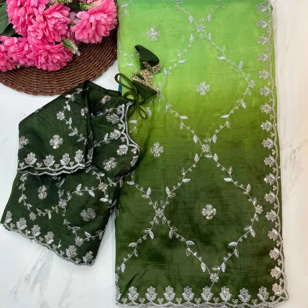 Green Ombre Crush Silk Saree for Women Festival Wear