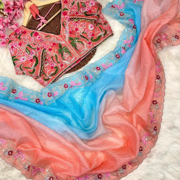 Sky Blue Ombre Candy Crush Silk Saree with Soft Gradient