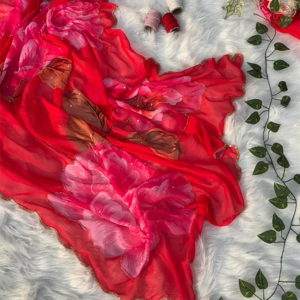 Red Floral Printed Chiffon Saree with Elegant Hand Work