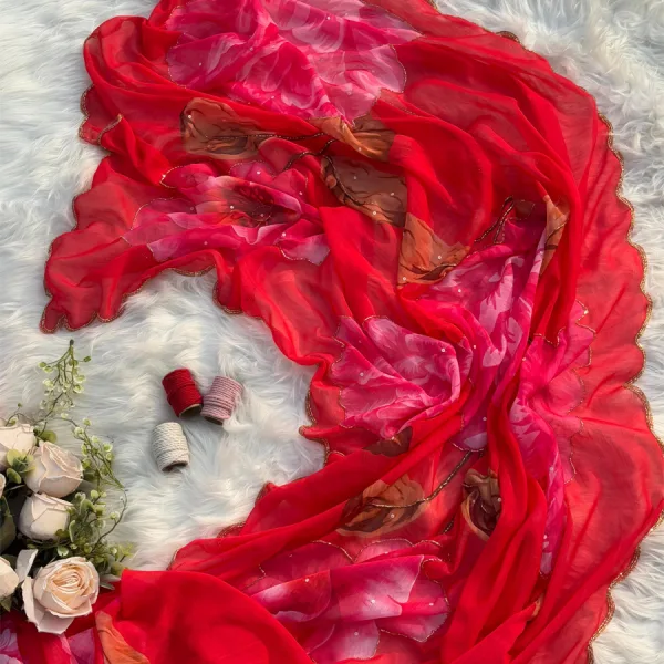 Red Floral Printed Chiffon Saree with Elegant Hand Work