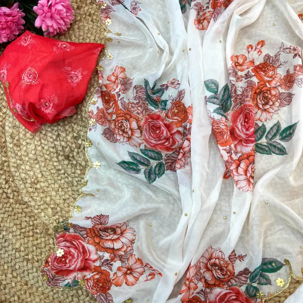 White Floral Printed Tabby Silk Saree with Cutdana Hand Work